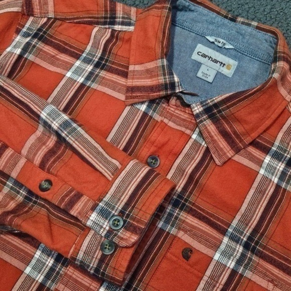 Carhartt Heavyweight Flannel Shirt Mens L Orange Red Plaid Slim Fit Workwear